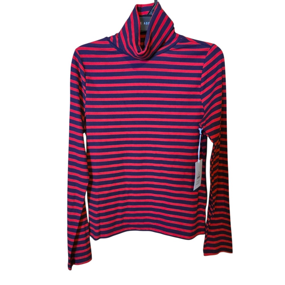 Free Assembly Womens Striped Ribbed Turtleneck Long Sleeve Tee Red Purple M 8-10